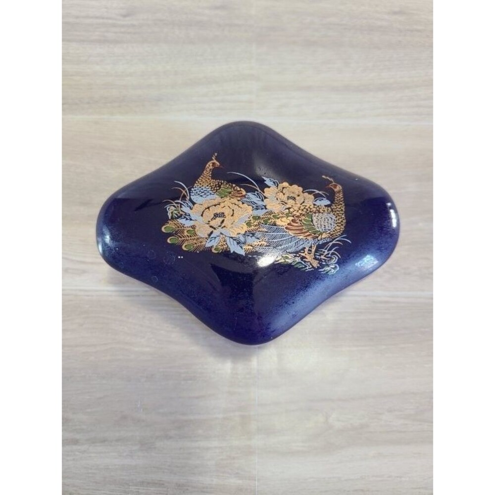 Vintage Japanese Art Chokin Cobalt Blue Gold Porcelain Trinket Jewelry Box Lid
